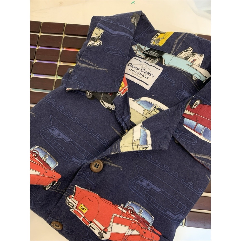David Carey‎ Originals Chevy Hot Rod Hawaiian Button Up Shirt Men's SS Blue L